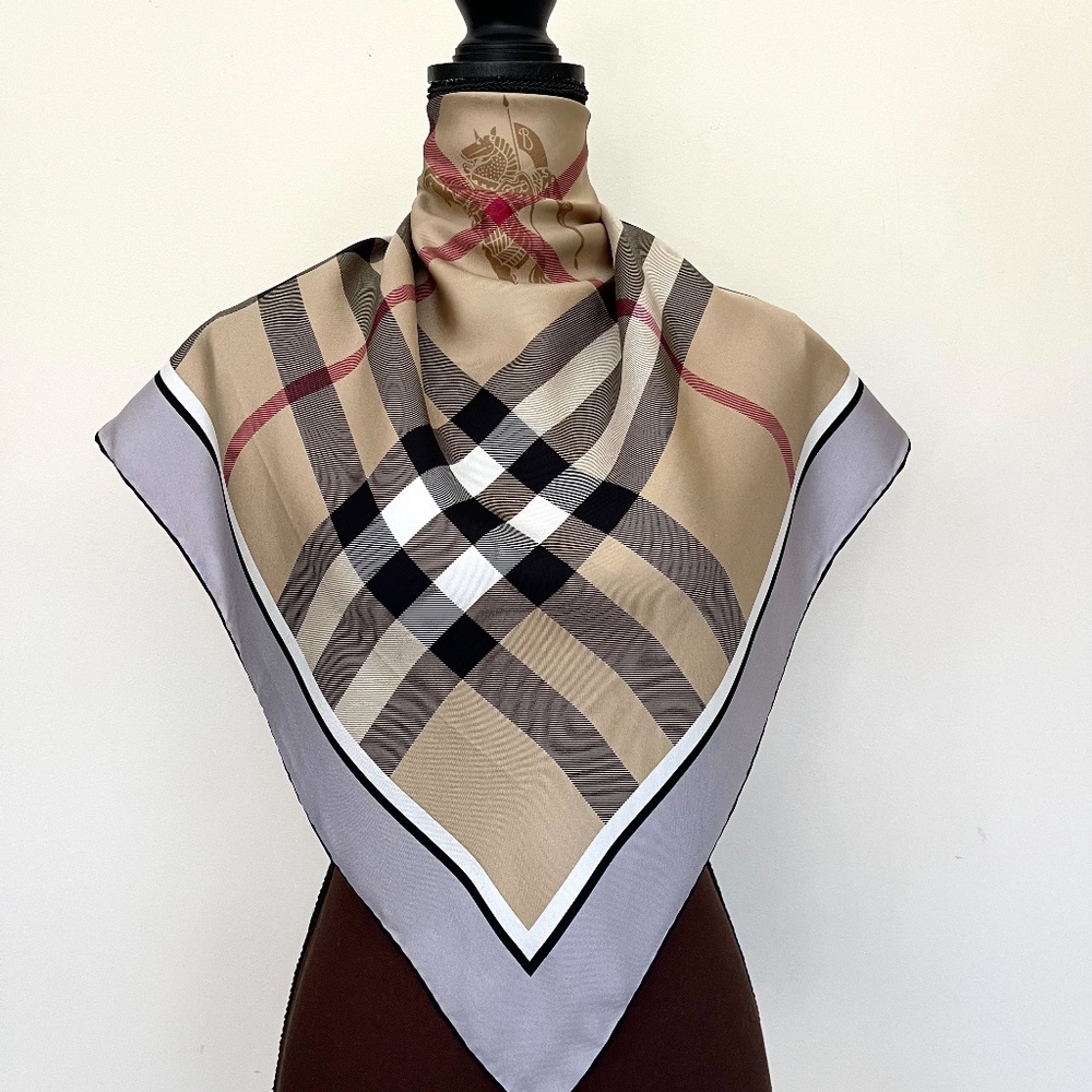 New Burberry Scarf Beige Check Gray Border Silk Wrap - Picture 3 of 15